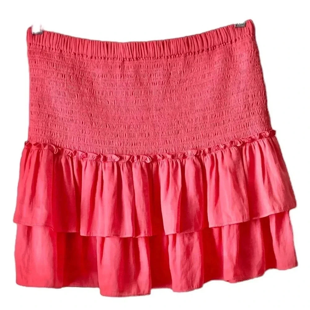 ANTHROPOLOGIE DOLAN | Eleanor Smocked Tiered Pink Silk Mini Skirt Size M (NWOT)